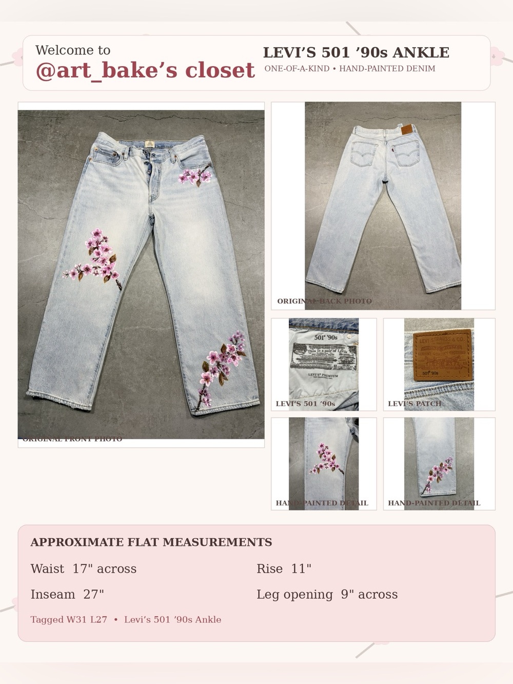 Levi’s 501 ’90s Ankle W31 Hand-Painted Cherry Blossom Jeans One of a Kind